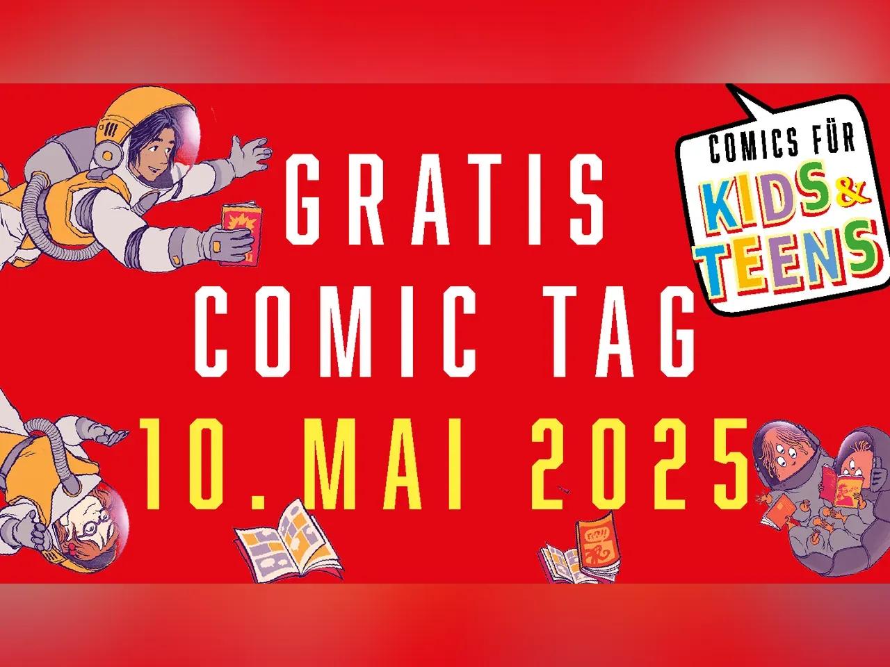 Logo des Gratis Comic Tag mit weiß-gelbem Schriftzug auf knallrotem Hintergrund und 4 Kindern, die wie Astronauten aussehen