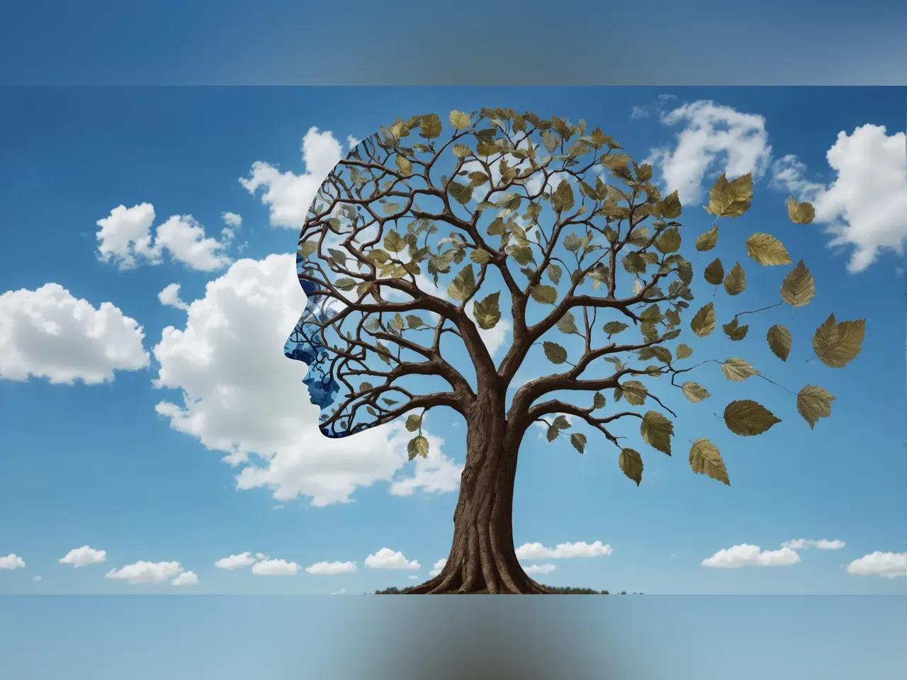 Baum vor blauem Himmel als Symbol für Demenz: die Krone bildet auf der linken Seite ein Gesicht und verliert auf der anderen Blätter im Wind