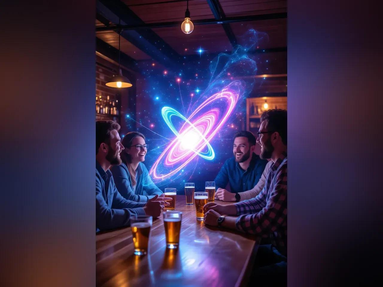 Menschen sitzen in einer Kneipe und im Hintergrund erscheinen leuchtende Formen