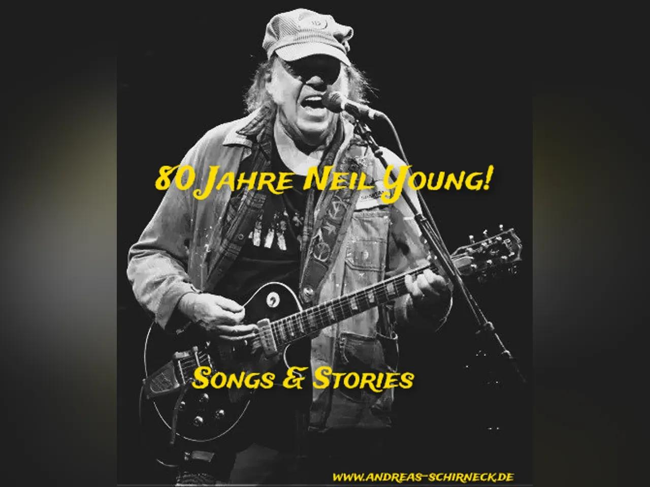 gelbe Schrift kündigt die Veranstaltung an, im dunkel gehaltenen Hintergrund in schwarz7weiß ist ein singender Neil Young