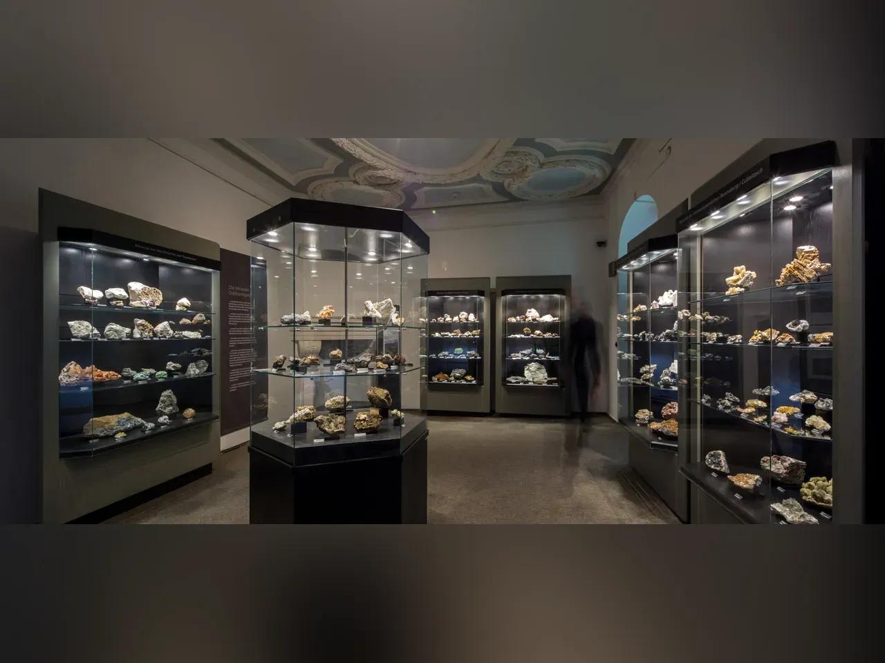 Bilck in die Ausstellung "Die Minerale Ostthüringens" mit zahlreichen Mineralen in Glasvitrinen