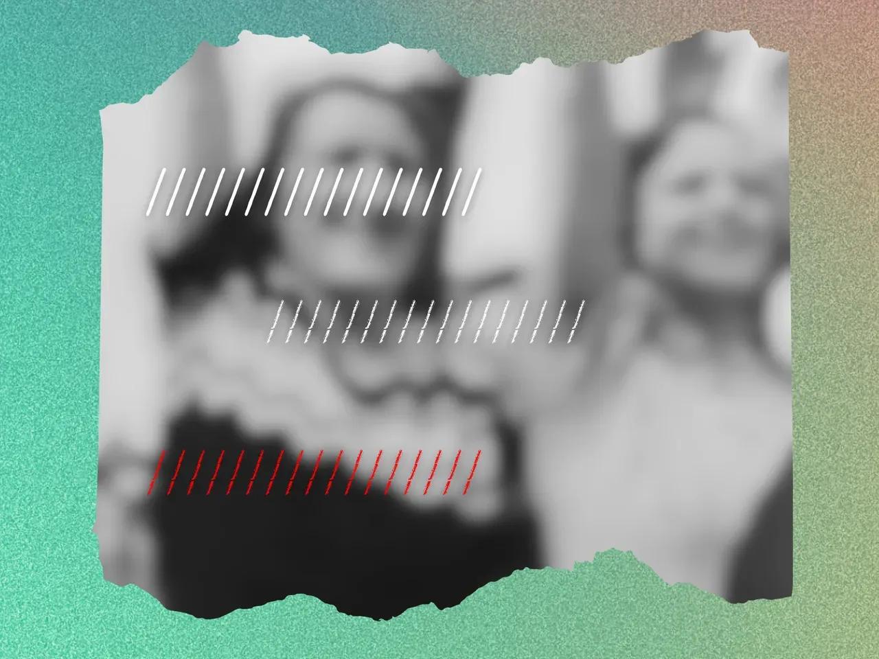 Verschwommenes schwarz-weiß Foto von jubelnden Frauen in einem bunten Rahmen mit abgerissenen Kanten