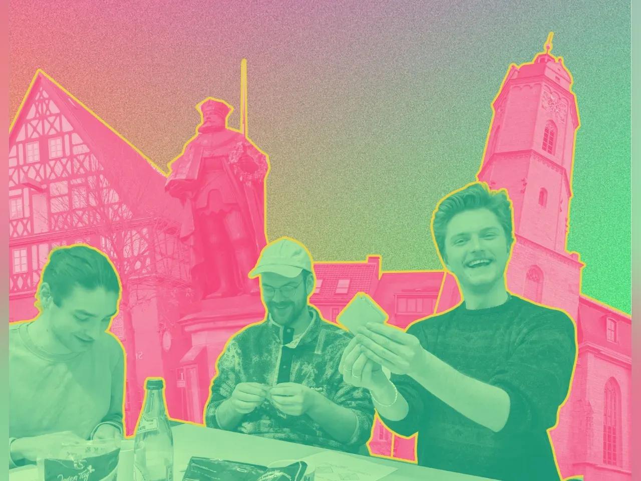 Collage mit 3 Menschen im Vordergrund und Jenaer Sehenswürdigkeiten im Hintergrund