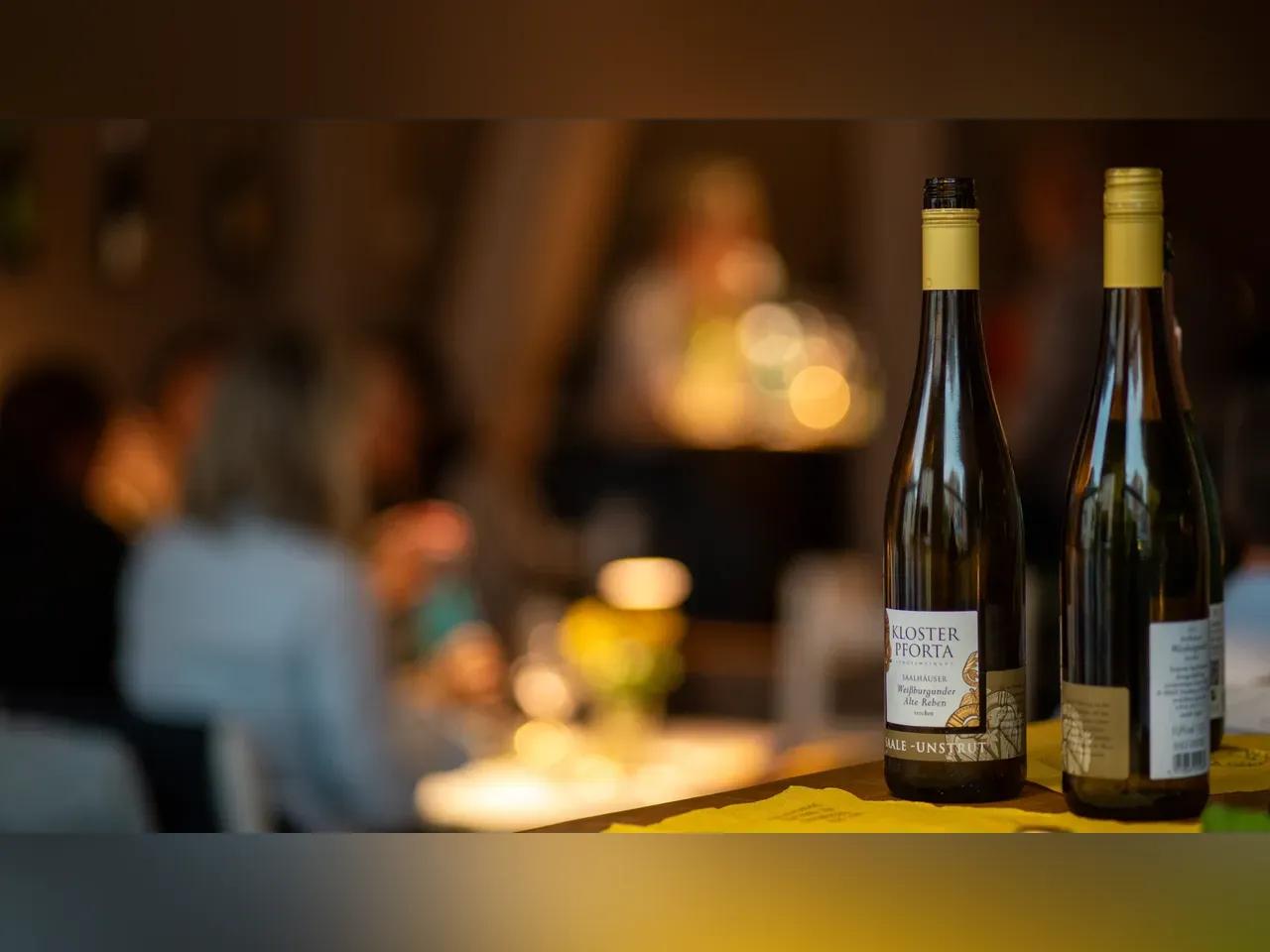 Weinflaschen des Landesweingut Kloster Pforta vor stilvoll beleuchtetem Hintergrund