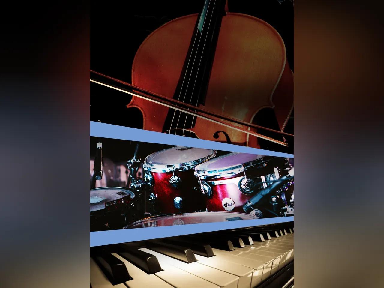 Collage mit Fotos von einem Kontrabass, Schlagzeug und Klavier