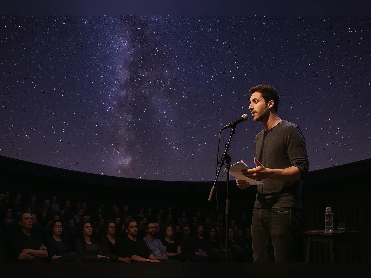 Mensch steht auf Bühne vor einem Mikrofon im Planetarium und hält Rede