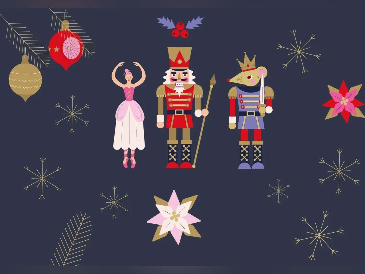 Auf dem Bild ist eine weihnachtliche Kulisse, mit Schneeflocken, Blumen und Weihnachtskugeln erkennbar. In der Mitte stehen drei Figuren: ein Nussknacker, ein Mausekönig und eine Tänzerin. 