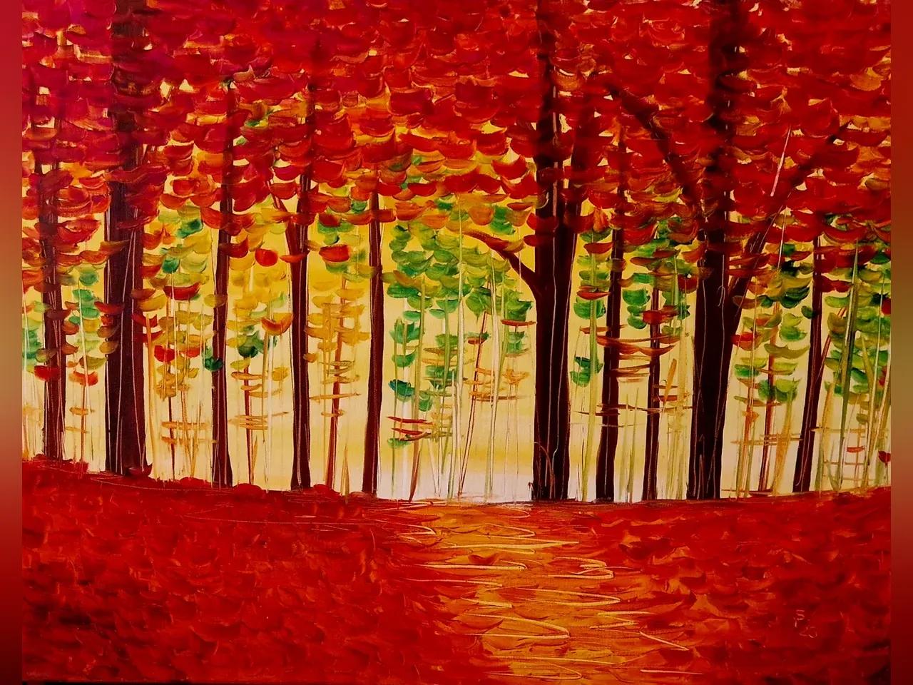 Gemaltes Bild mit roten Bäumen