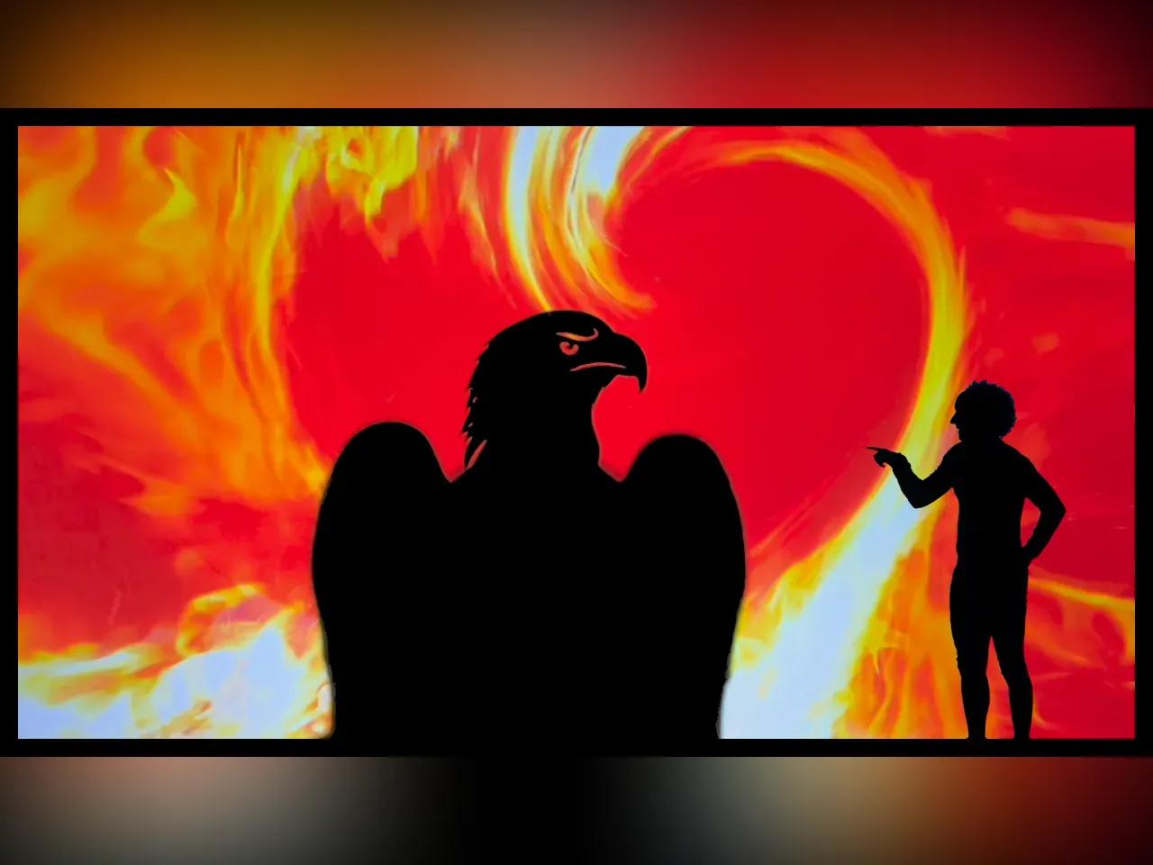 schwarze Silhouette eines Vogels und eines Menschen vor rotem Hintergrund
