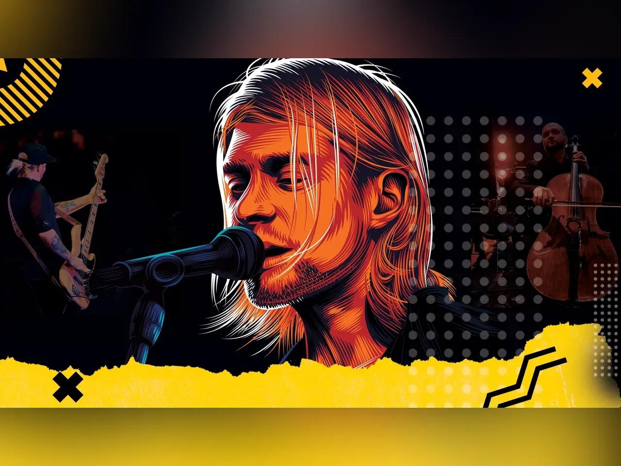 Grafik mit Portrait des singenden Kurt Cobain und Musiker:innen der Nirvana Tribute-Band