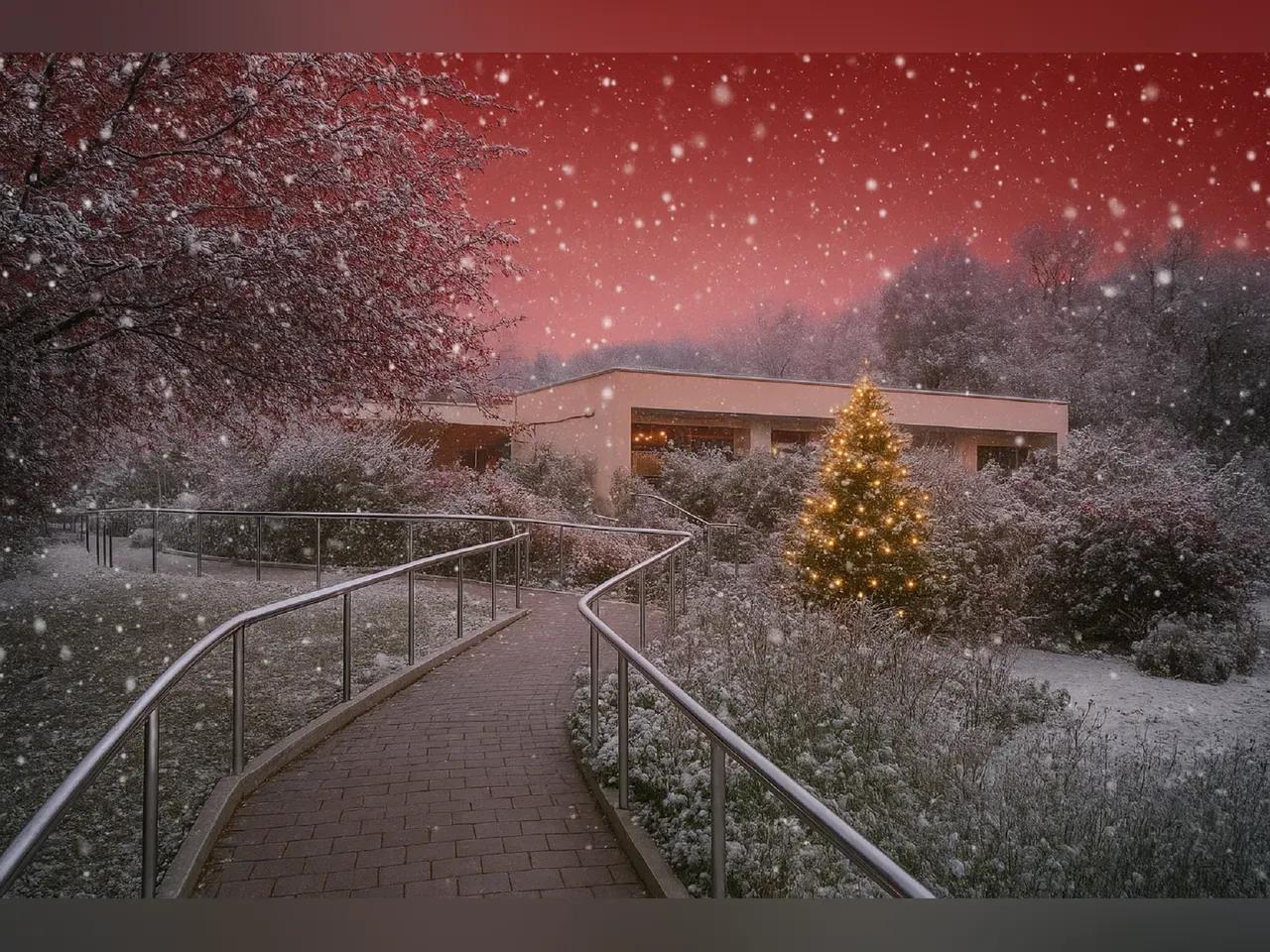 Außengelände des Hospiz Jena mit weihnachtlicher Deko und Schnee