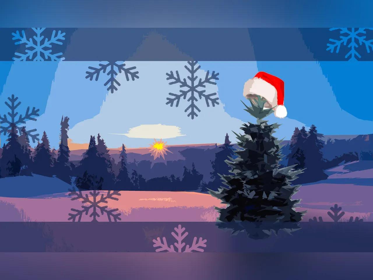 Grafische Winterlandschaft, auf einer Tannenspitze hängt eine Weihnachtsmütze
