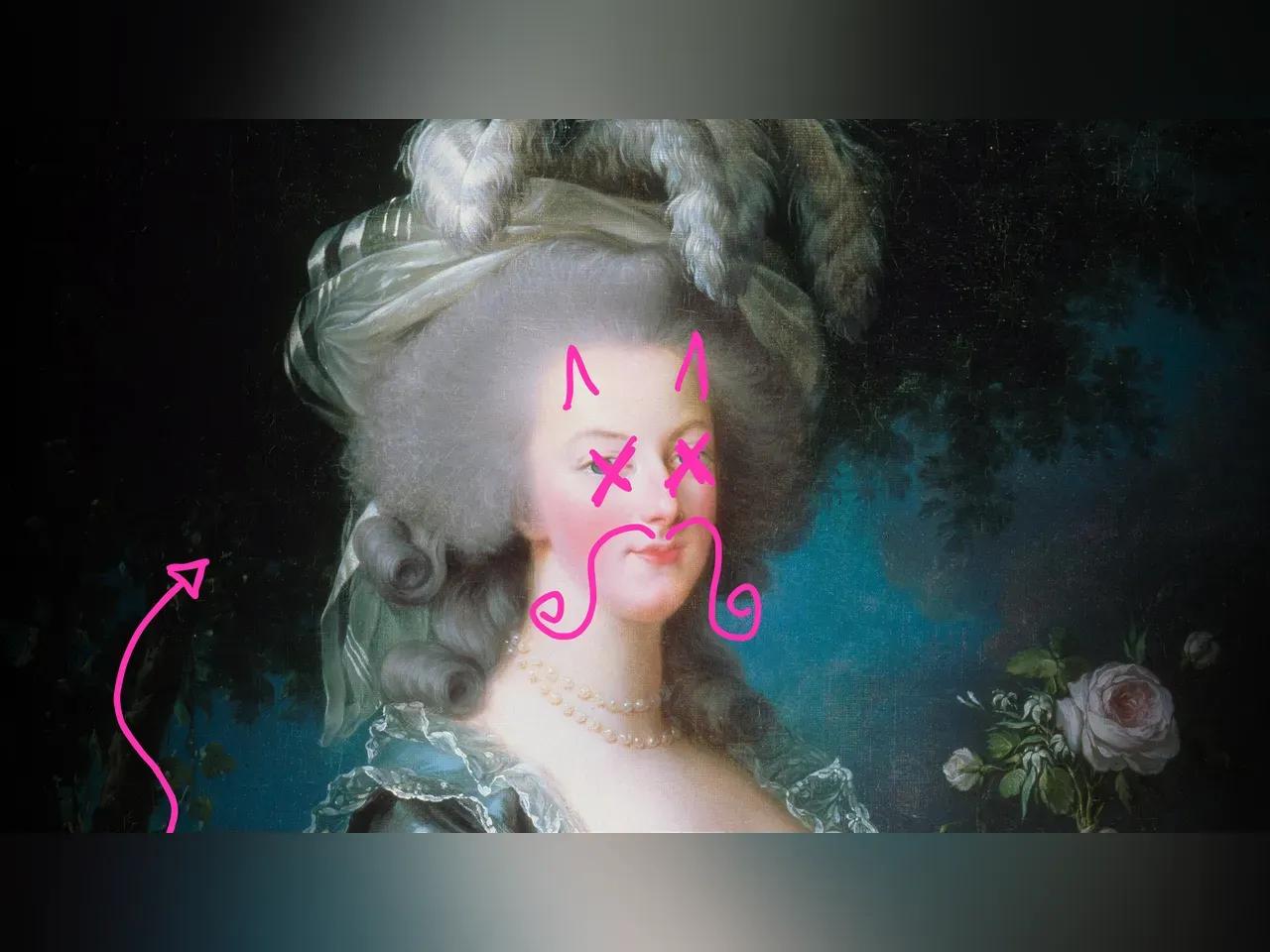 Historisches Gemälde einer adligen Dame, die mit rosa Kritzeleien mit einem Teufelgesicht und -schwanz beschmiert wurde