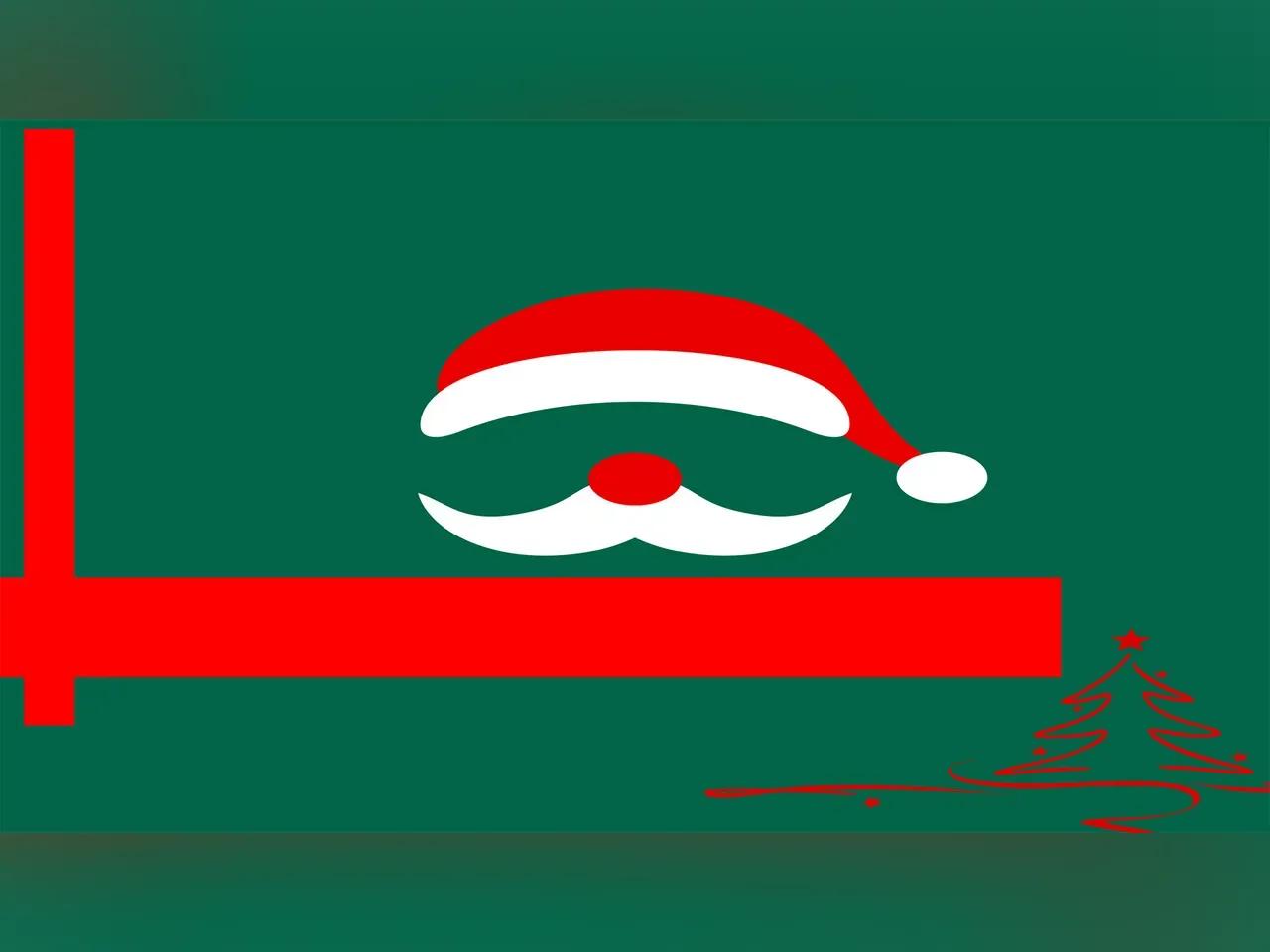 Weihnachtsmannmütze und -bart und Tannenbaum auf grüner Fläche