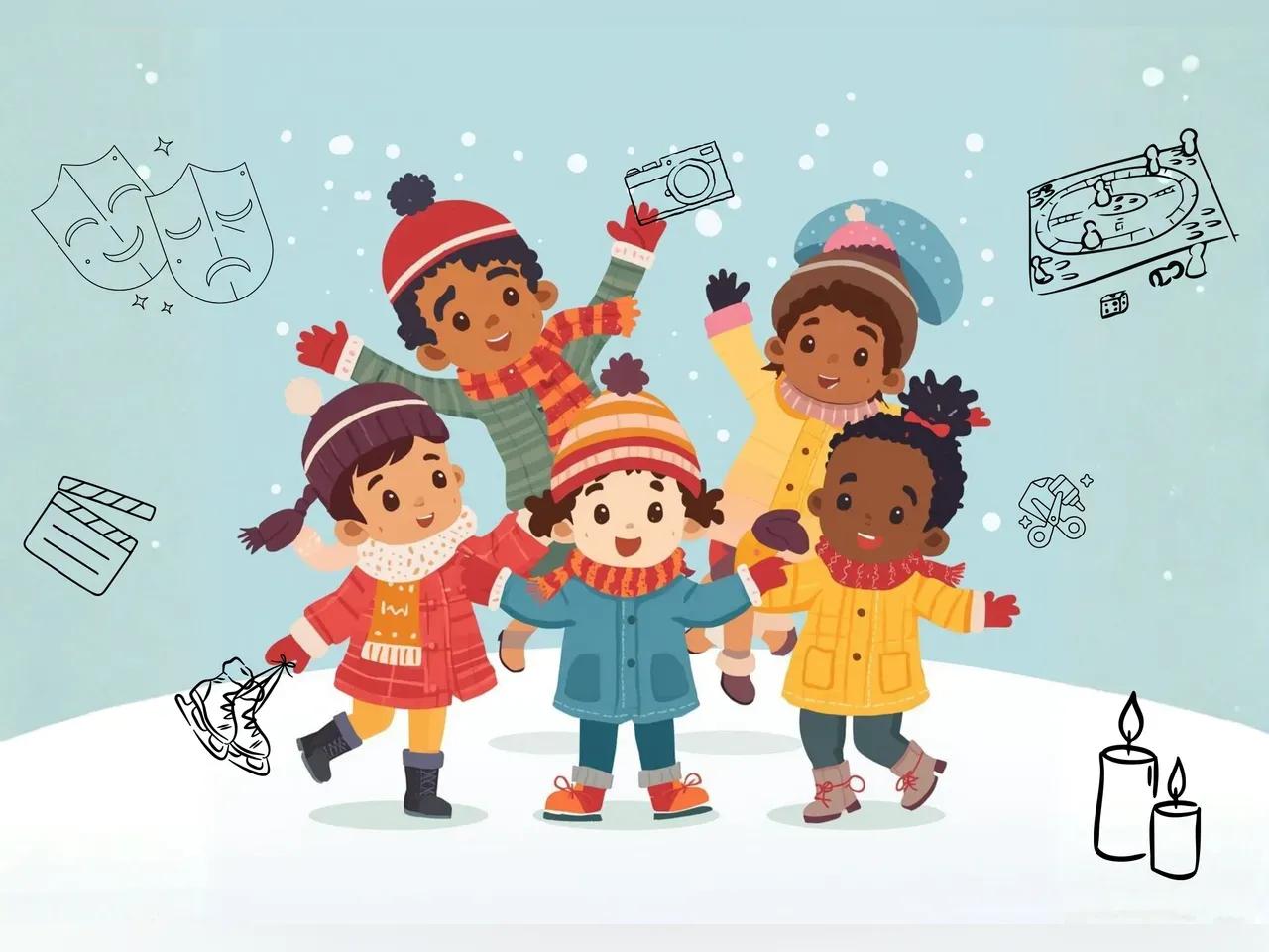 Grafik von Kindern, die im Schnee stehen, darum angeordnet sind Icons für Theater, Film, Kamera, Plattenspieler u.s.