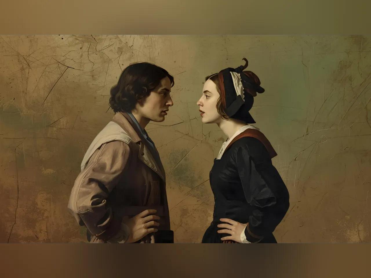 Grafik mit zwei Menschen in historischer Kleidung, die miteinander sprechen