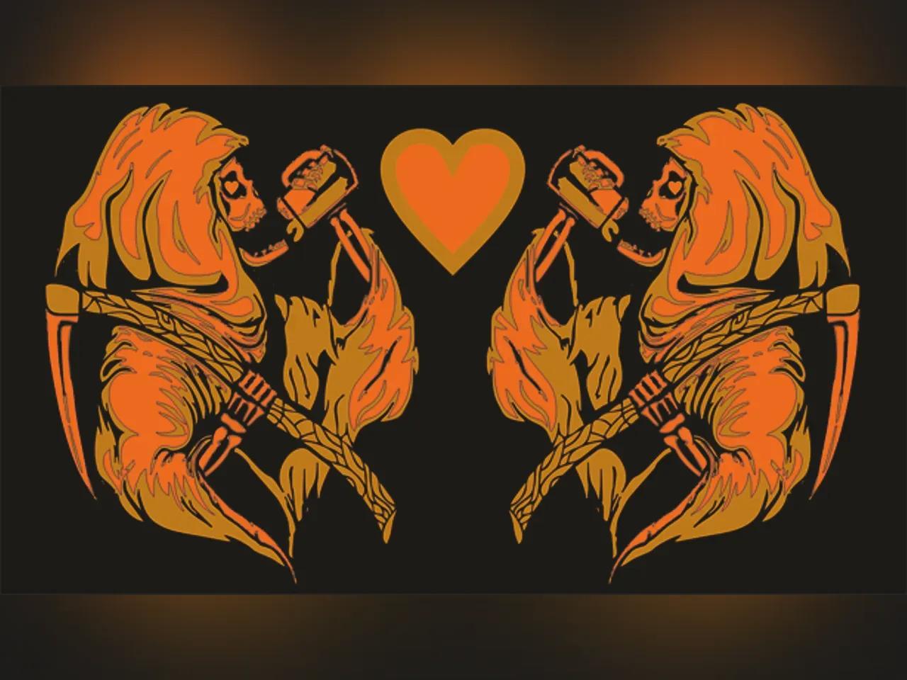 Grafik mit zwei Figuren mit Sense, die aus einem Krug trinken