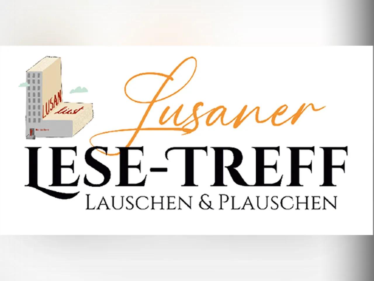 Logo der Lusaner Stadtteilbibliothek, Schriftzug in Orange und Schwarz