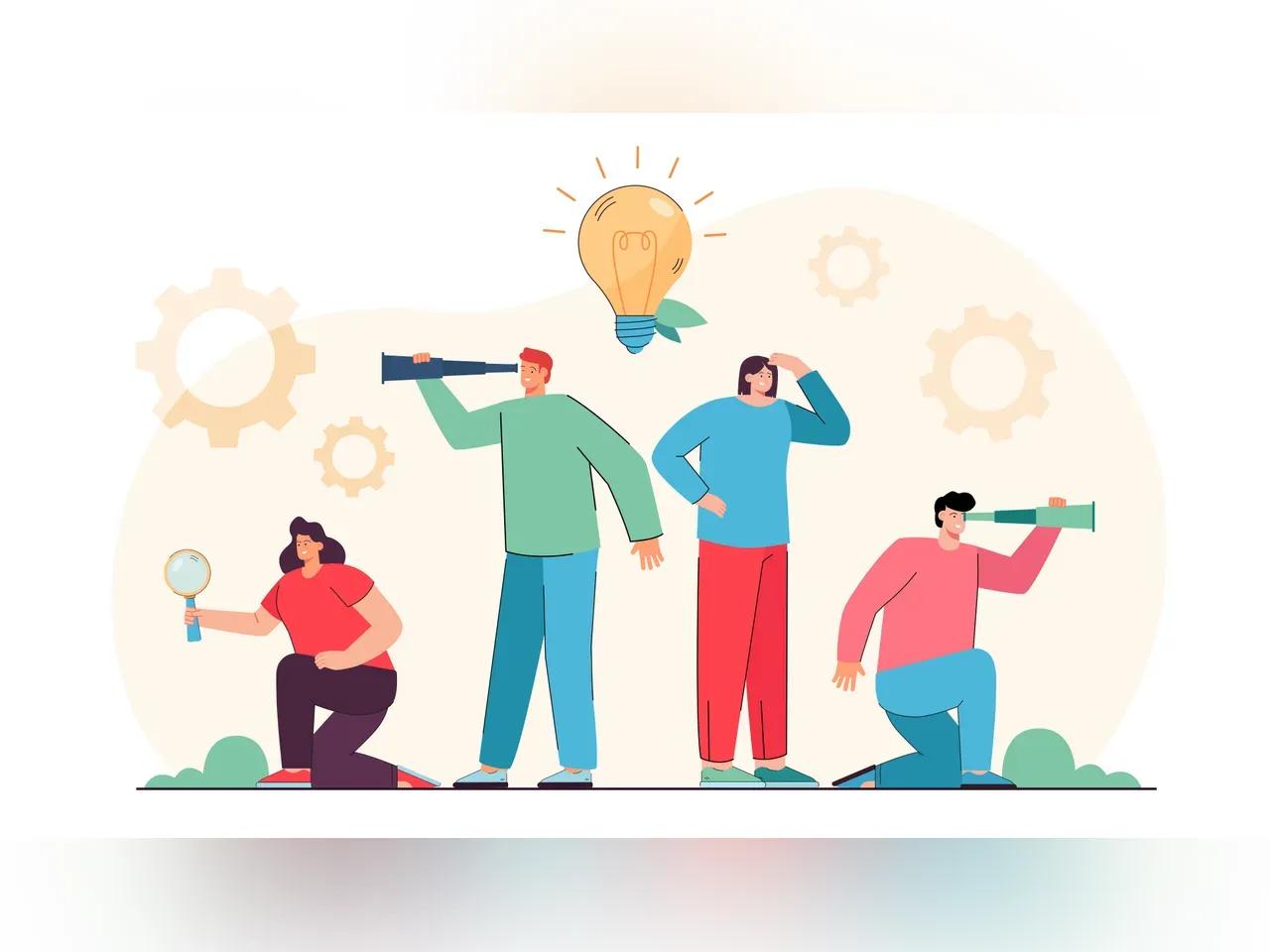 Vier Menschen schauen in die ferne mit Zahnräder im Himmel.