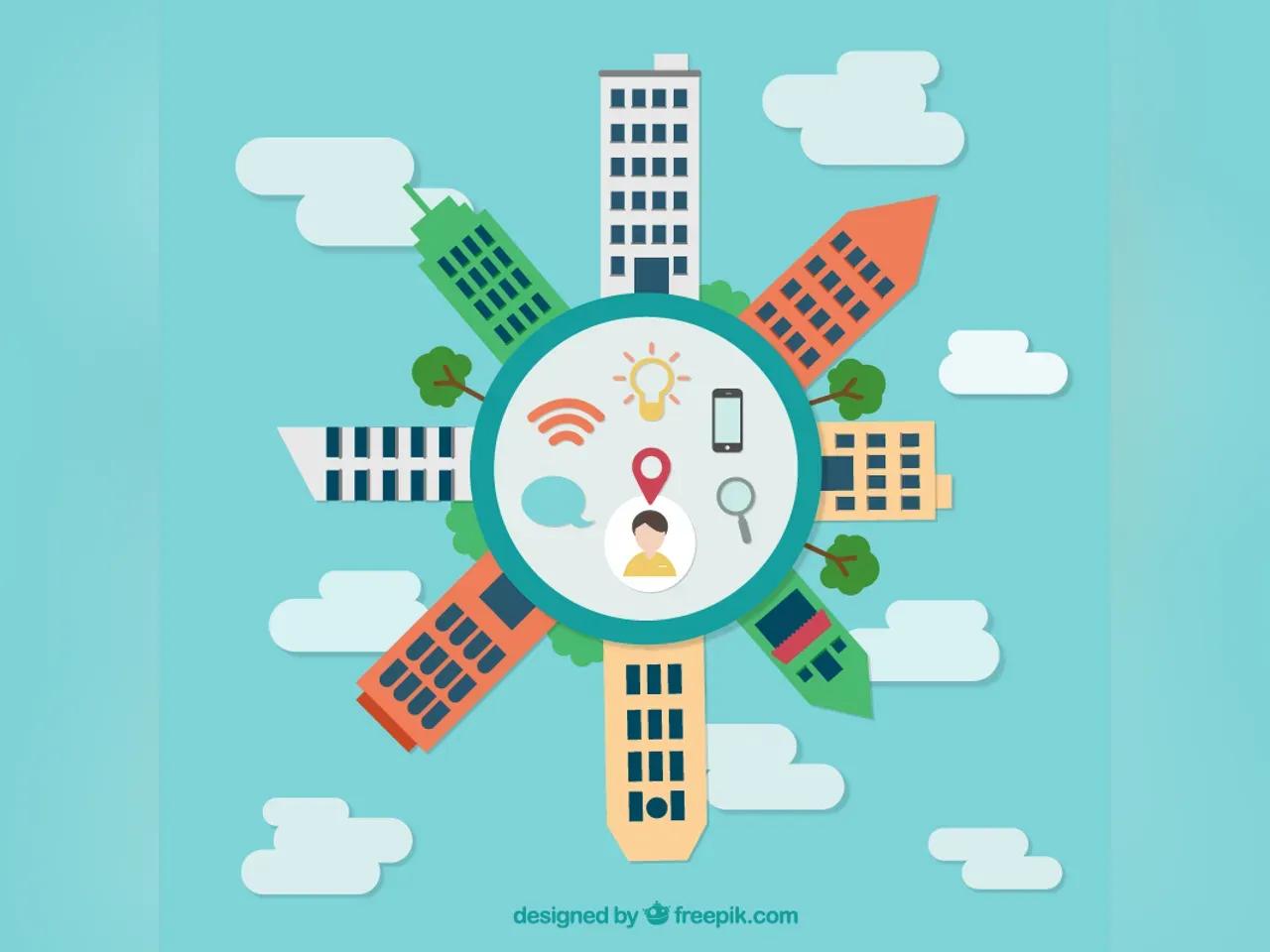 Abgebildet ist ein im Comic Styl Bild, welches auf blauen Hintergrund mit Wolken einen Kreis zeigt, welcher von Häusern umgeben ist. Im Kreis sind Symbole wie WLAN, eine Person, eine Lupe oder ein Handy ersichtlich.