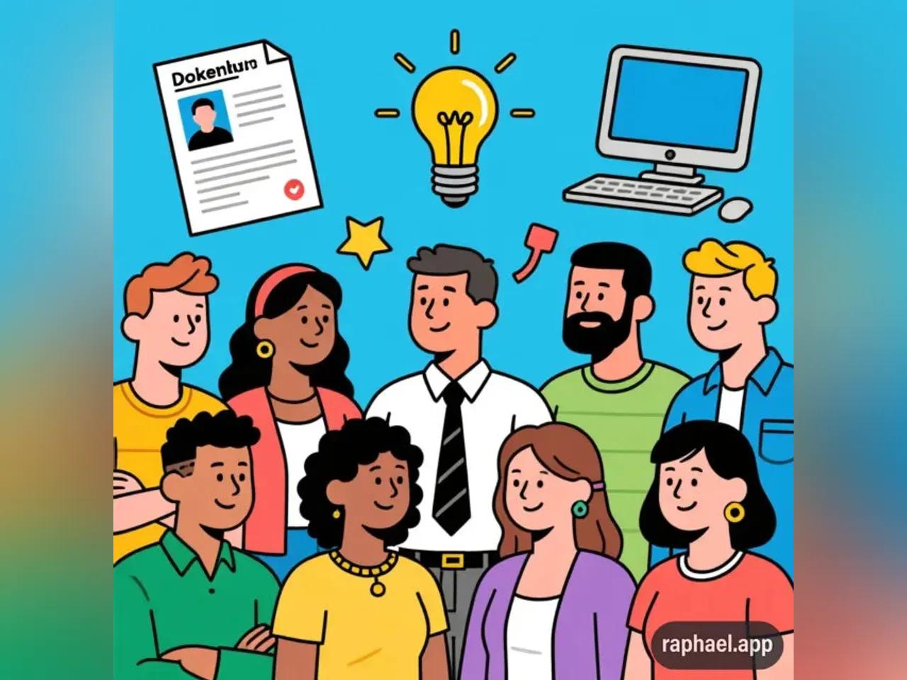 Der Stil des Bildes ist Comic. Im Vordergrund sind 9 Personen (sowohl männlich, als auch weiblich gelesen und im jugendlichen bis erwachsenen Alter). Der Hintergrund ist in Blau gehalten. Über den Personen schweben Symbole wie ein Dokument, ein Laptop oder eine Glühbirne.