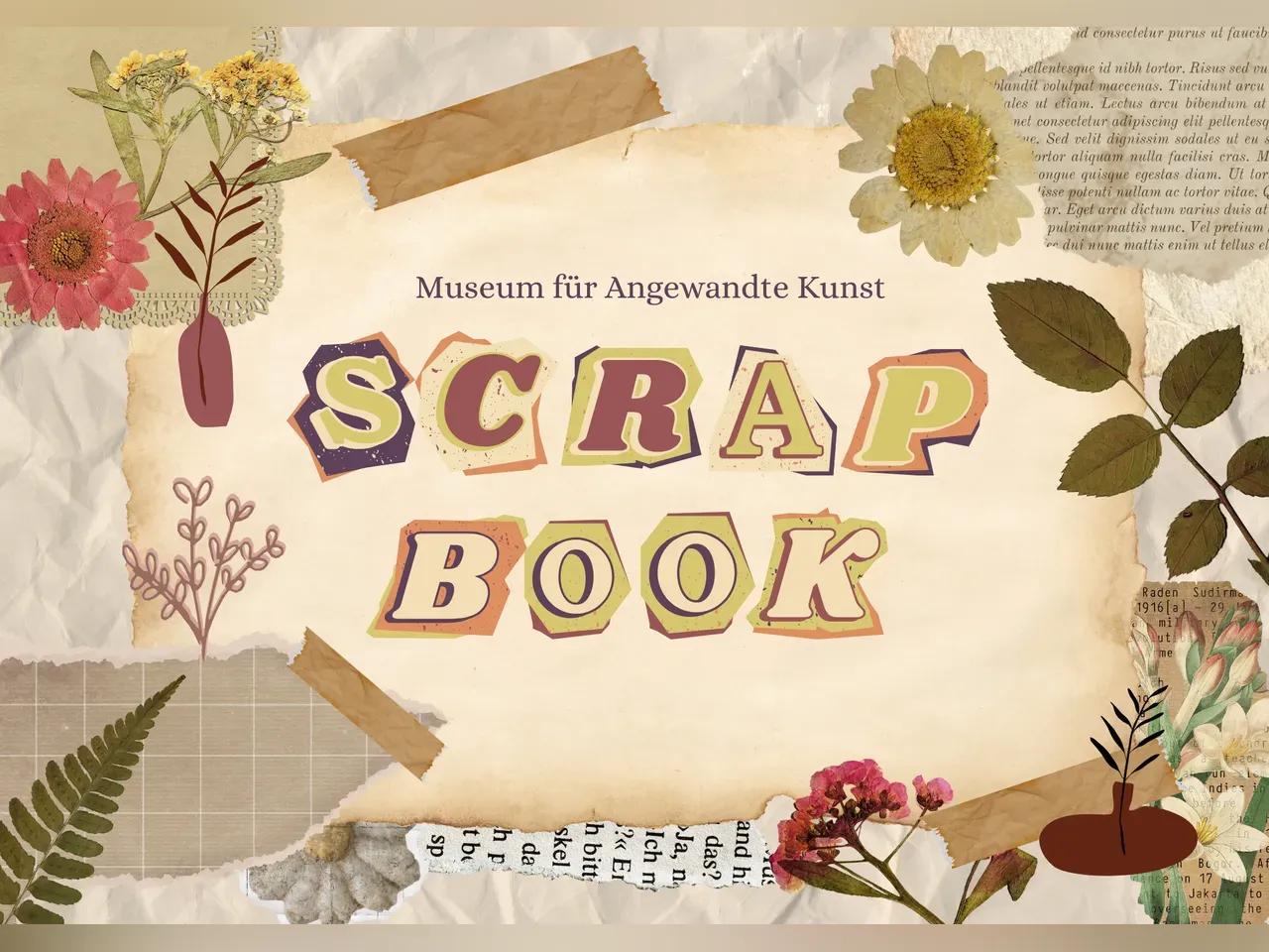 "Scrap-Book"  auf einem vergilbten Zettel geschrieben. Die Buchstaben bestehen aus Papierschnipseln und sind alle unterschiedlich.