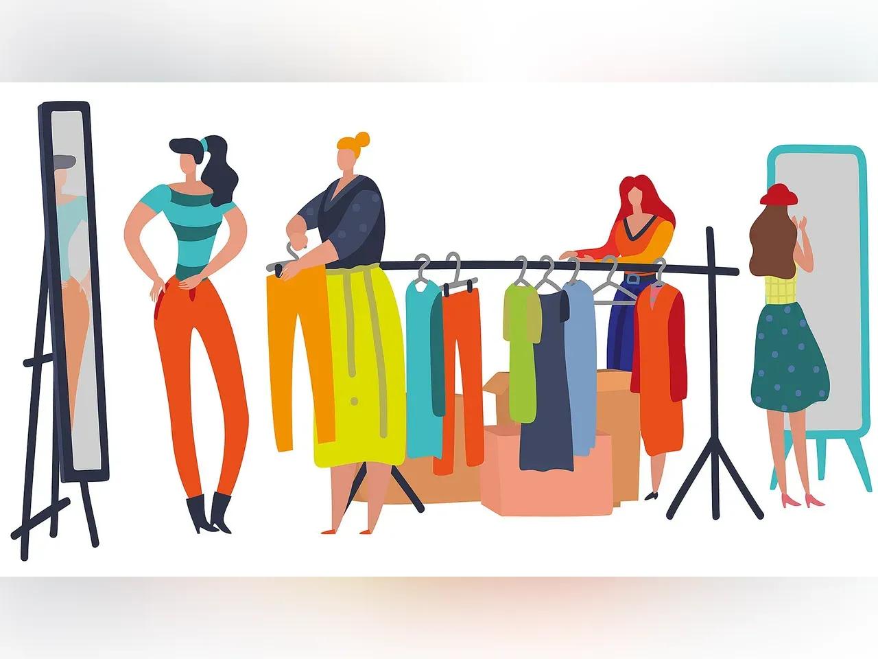 Karikatur, auf der Frauen Kleider anprobieren und das Sortiment durchstöbern.