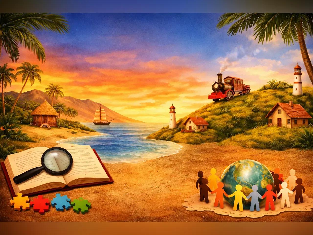 Gemälde einer Südseeszene mit Leuchttürmen, Palmen, einem Fluss, Häuschen und vielen bunten stilisirten Menschen, die um die Erde tanzen