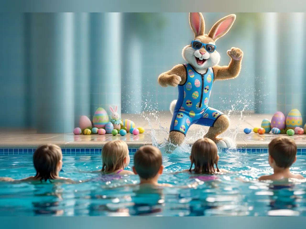 Ein Osterhase in Badebekleidung und mit Sonnenbrille springt ins Wasserbecken, in dem bereits viele Kinder warten