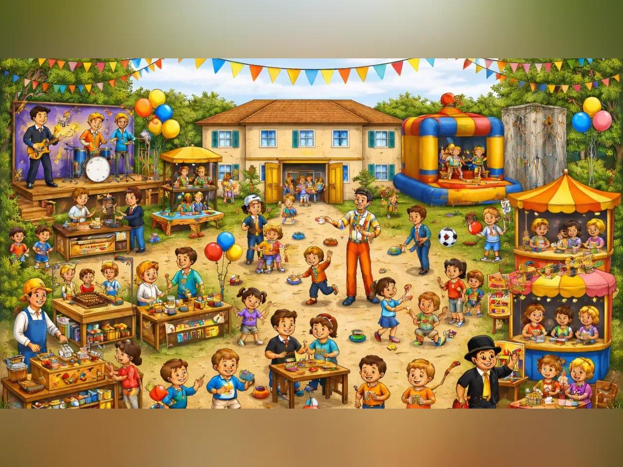 Eine Wiese vor einer Schule mit ganz vielen Kindern und Jahrmarktattraktionen. Das Bild ist im Zeichentrick-Stil gestaltet