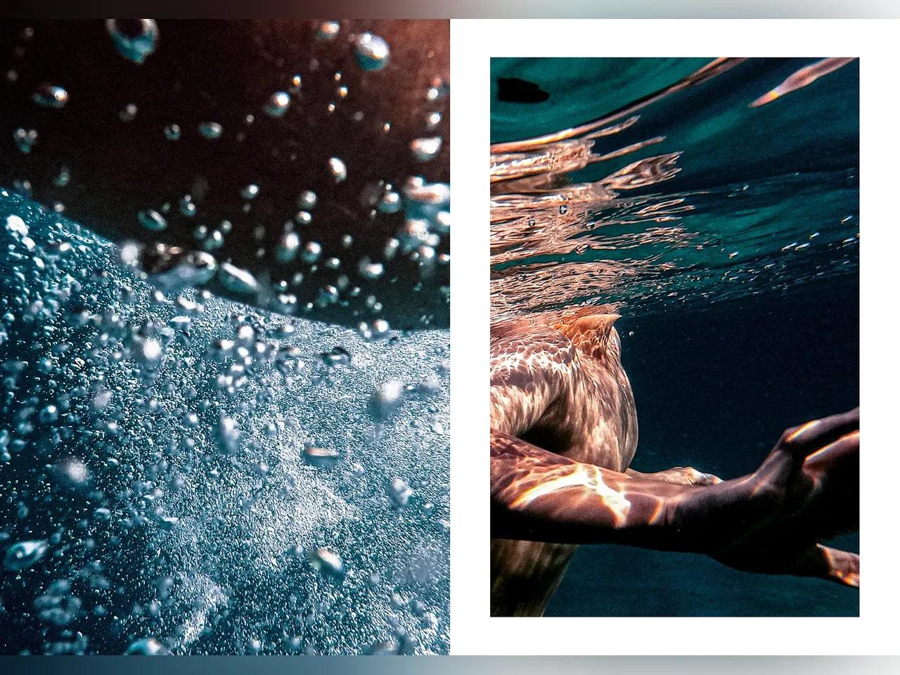 Zwei Fotos mit Nahaufnahmen von Körpern unter Wasser