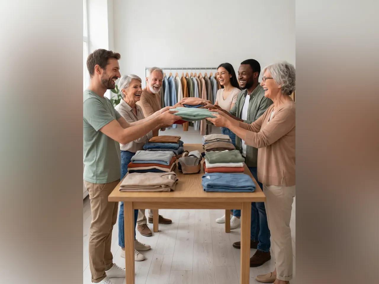 Männer und Frauen stehen um einen Tisch voller Kleidung und übergeben sich Klamotten