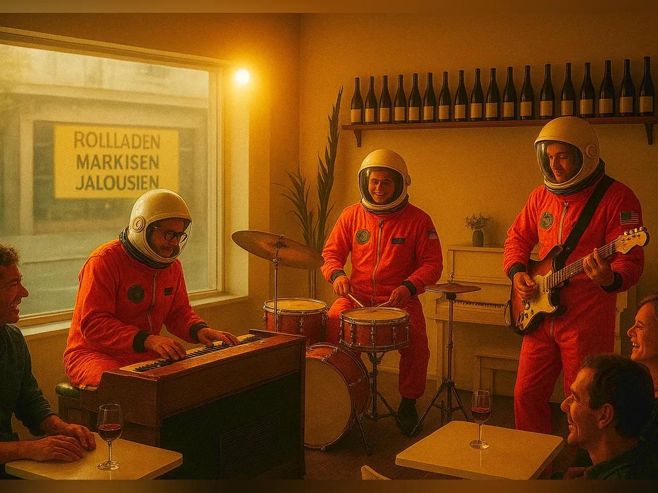 spaciges Bandbild, 3 Musiker in Astronautkostümen mit Instrumenten in orange