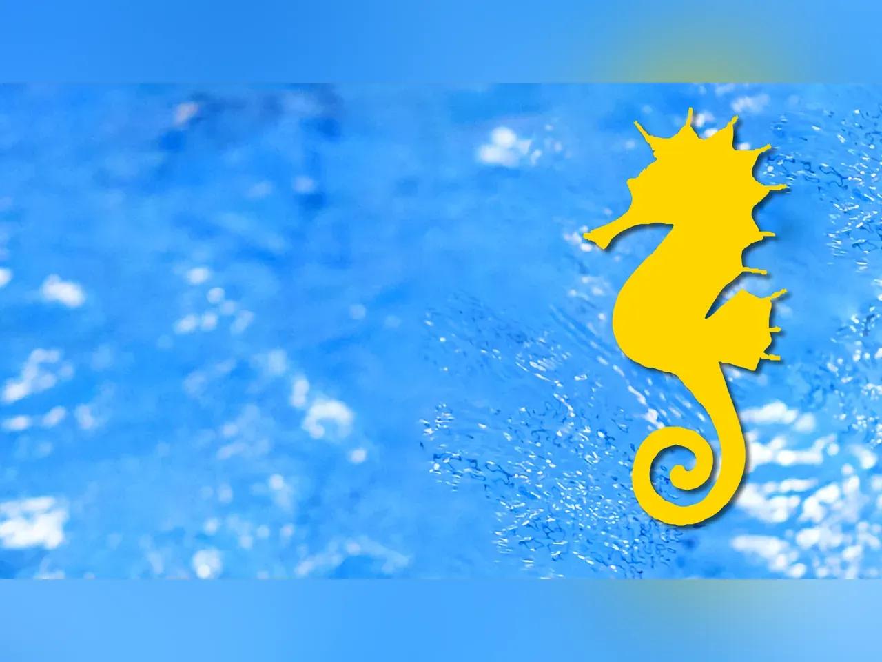 gelbes Seepferdchen auf blauem Grund