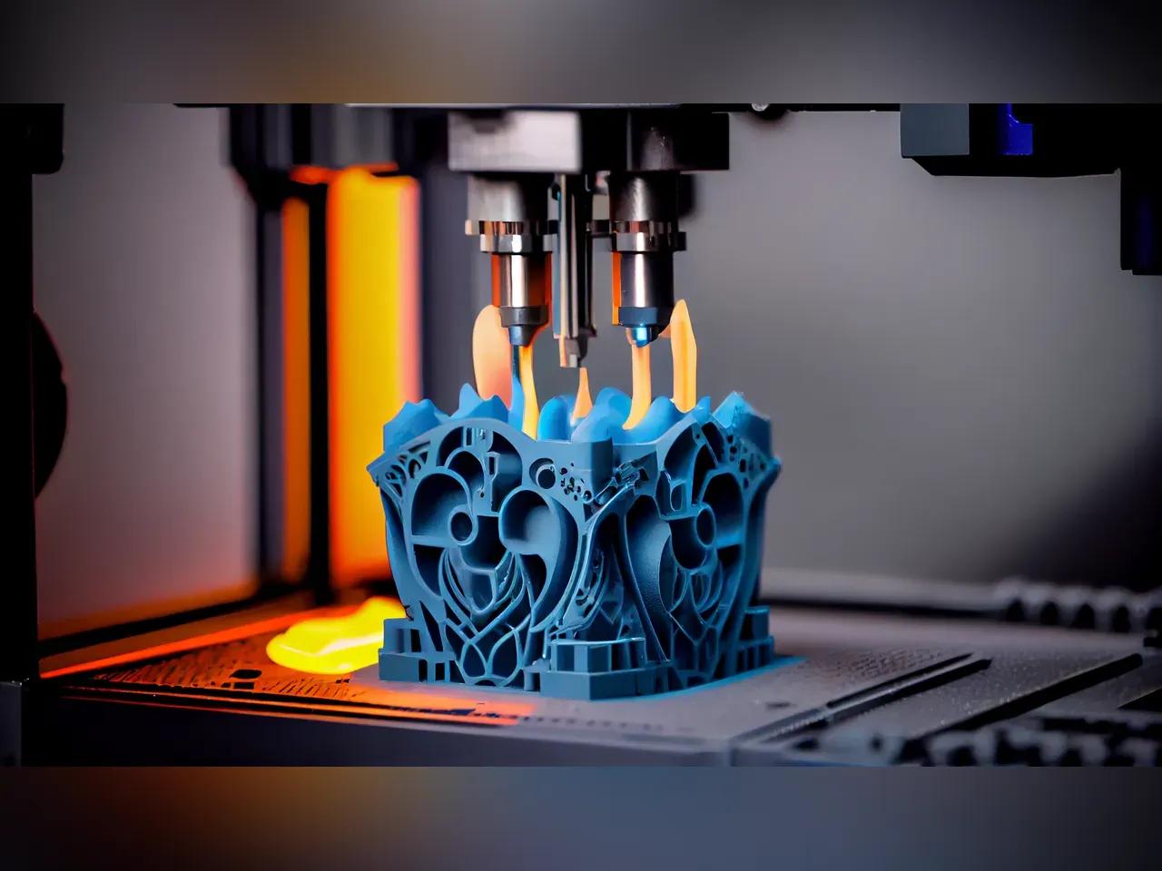 Ein 3D-Drucker druckt ein blaues viereckiges Modell.