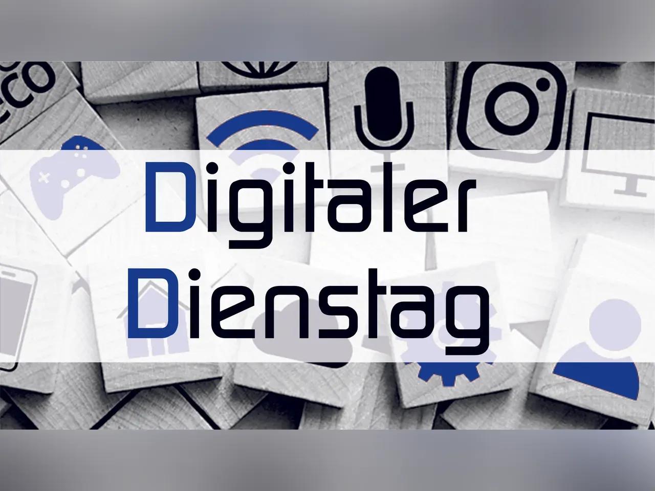 Schriftzug Digitaler Dienstag mit blauen D, im Hintergrund sind verschiedene Logos bekannter Social Media Plattformen abgebildet