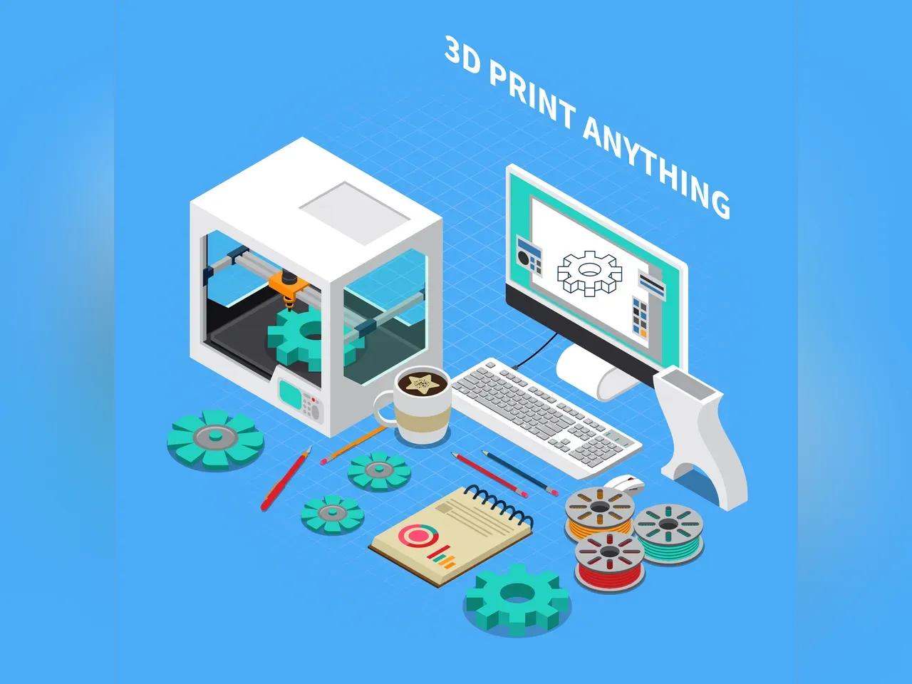 Linke Seite ein in Comic Stile dargestellter 3D Drucker sowie ein Computer und Zahnräder