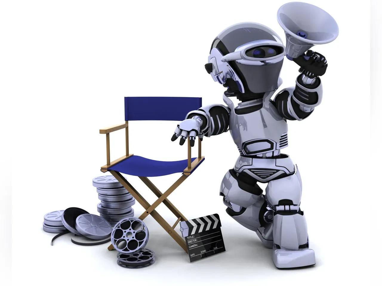 Roboter mit Mikrophon. Daneben ein Stuhl mit Filmrollen und Filmklappe.