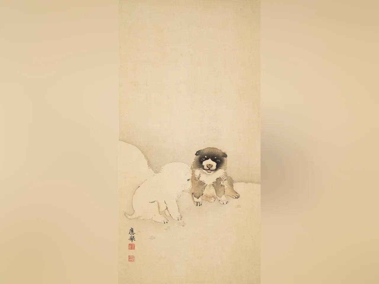 Maruyama Ōkyo, Zwei Hündchen, 18. Jh., Farbholzschnitt