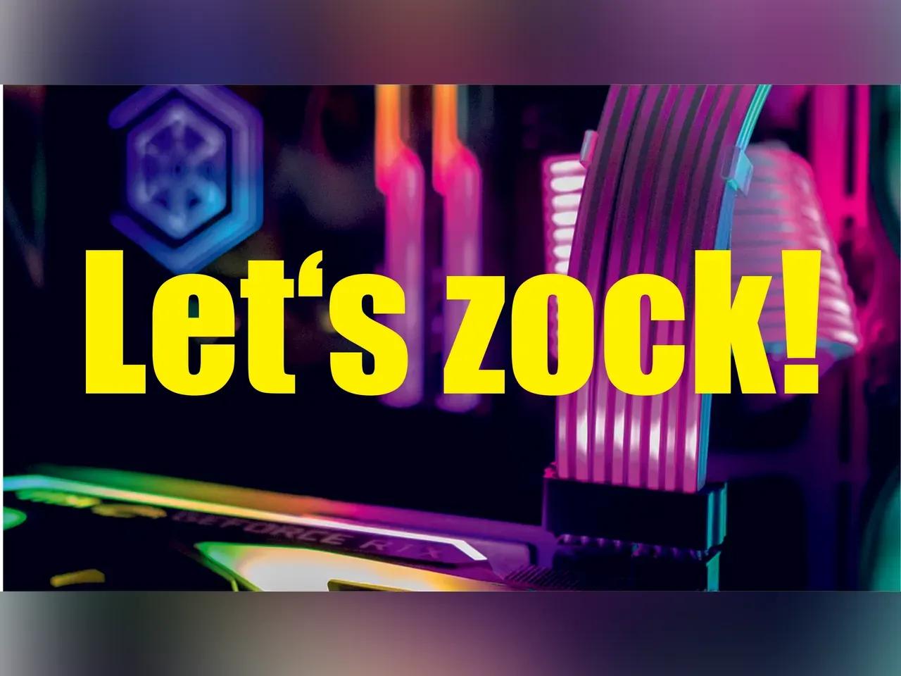 gelber Schriftzug "Let's zock!" auf typischen LED-Gaminghintergrund
