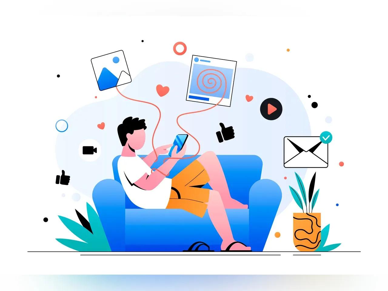 Ein männlich gelesene Person sitzt auf einem blauen Sofa und hält ein Handy in der Hand. Um die Person sind Symbole wie ein Briefumschlag, Galeriesymbol oder ein News Feed.