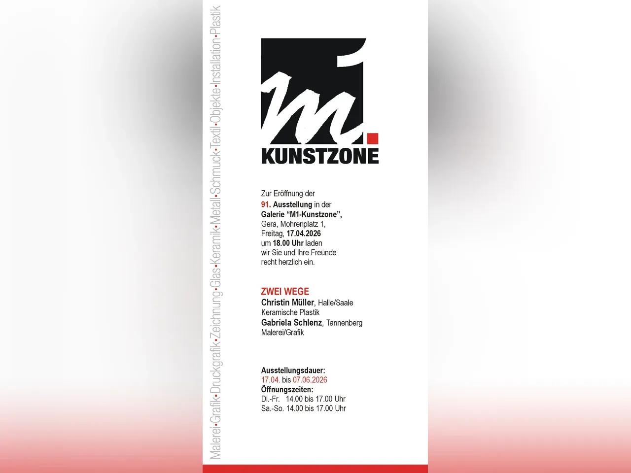 Zur Eröffnung der 91. Ausstellung in der Galerie "M1-Kunstzone" laden wir Sie und Ihre Freunde recht herzlich ein. 

Unter dem Titel "ZWEI WEGE" werden Werke von Christin Müller (Halle/Saale, keramische Plastik) und Gabriela Schlenz (Tannenberg, Malerei/Grafik) präsentiert.