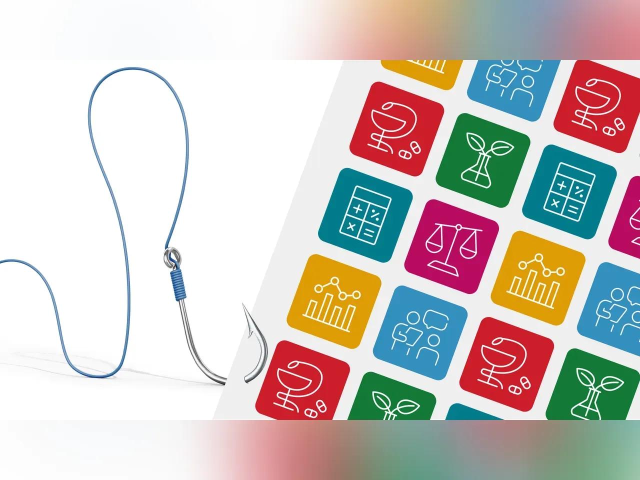 Ein Angel-Haken sticht durch eine Karte, auf der mehrer Berufe symbolisch dargestellt werden.