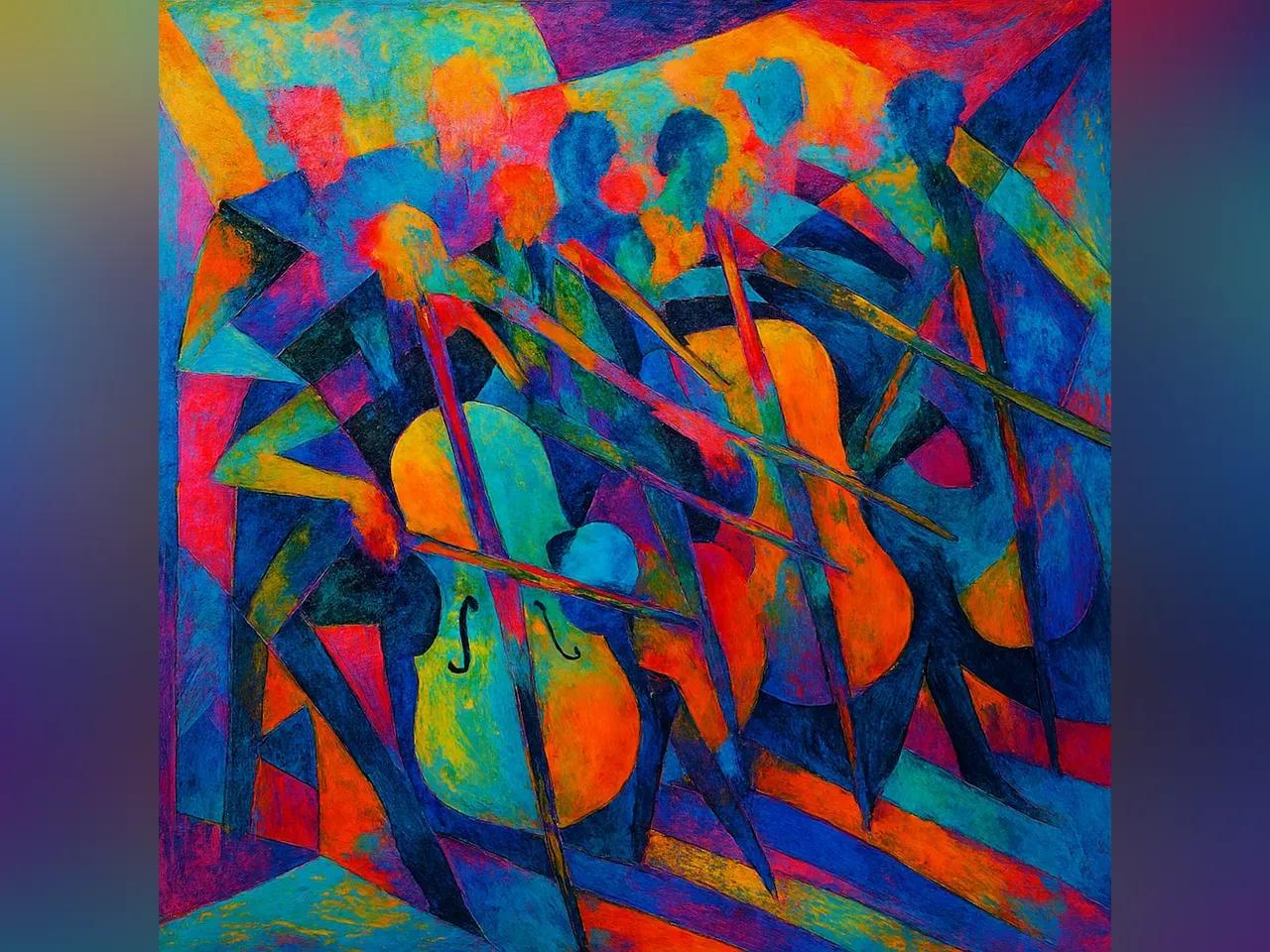 KI-generiertes Bild von einem Ensemble aus Cellist*innen