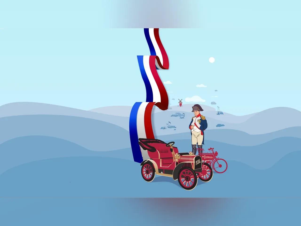 Grafik von Napoleon, der neben Oldtimer-Autos steht