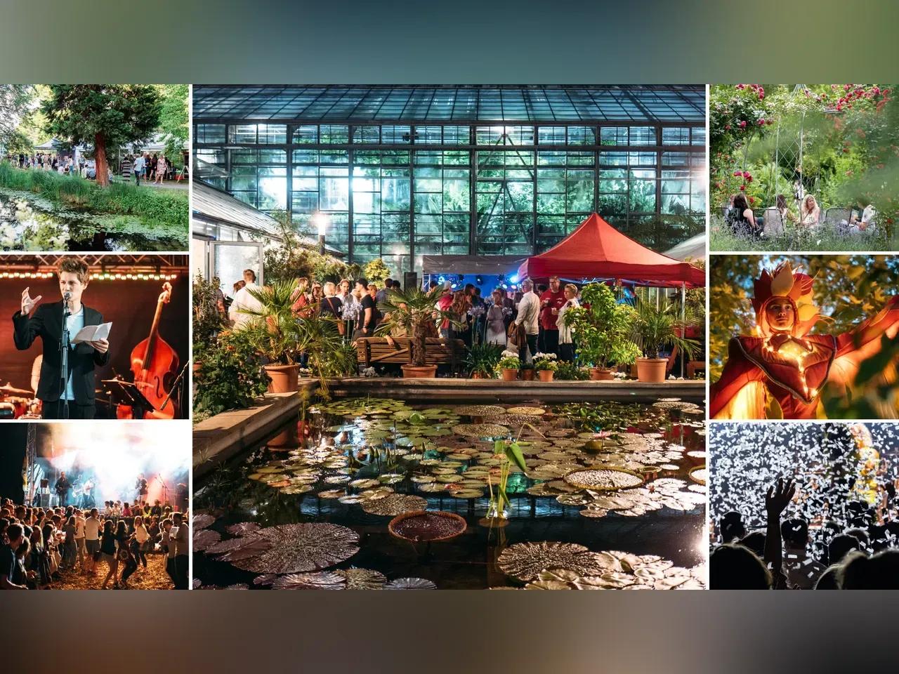 Collage aus Fotos vom Sommerfest der Uni Jena mit Motiven aus dem Botanischen Garten, mit Tropenhaus, Bühnenauftritten und Publikum und 