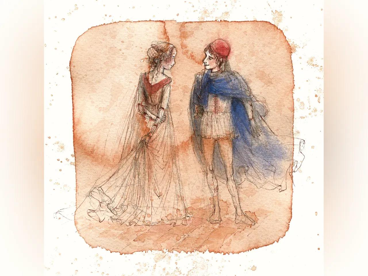 Zu sehen ist eine Zeichnung von Chrita Unzner. Sie zeigt zwei junge Personen - eine Fau und einen Mann, die sich gegenübertehen und interessiert betrachten.  