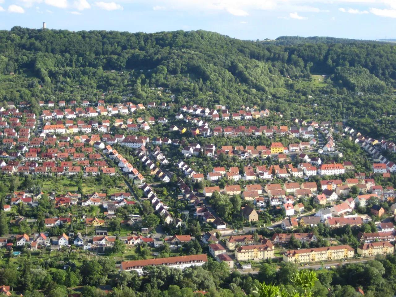 Blick von weitem auf den Schlegelsberg mit Häusern