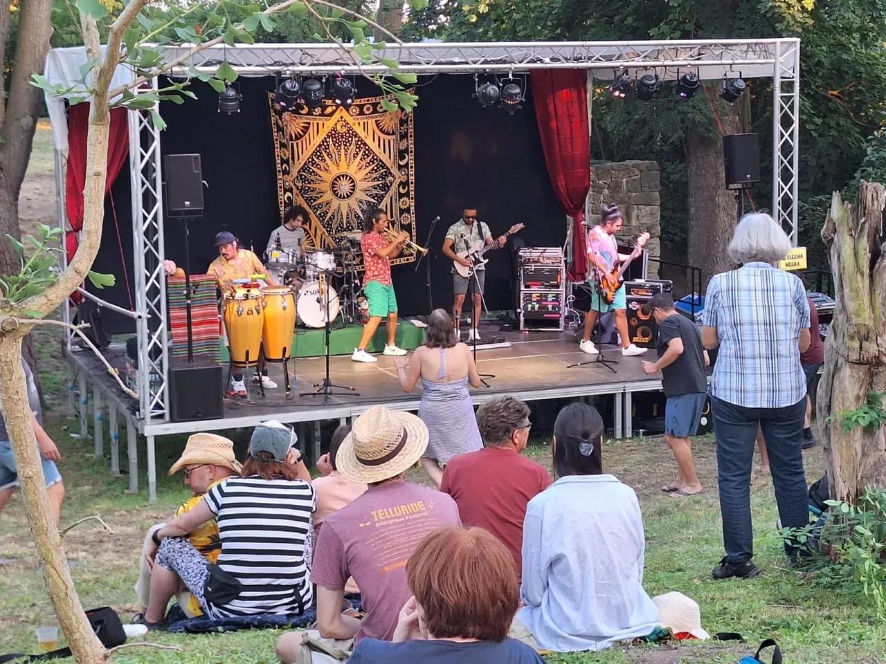 Konzert im Freien, auf einer Bühne spielt eine Band, davor sitzt und steht Publikum