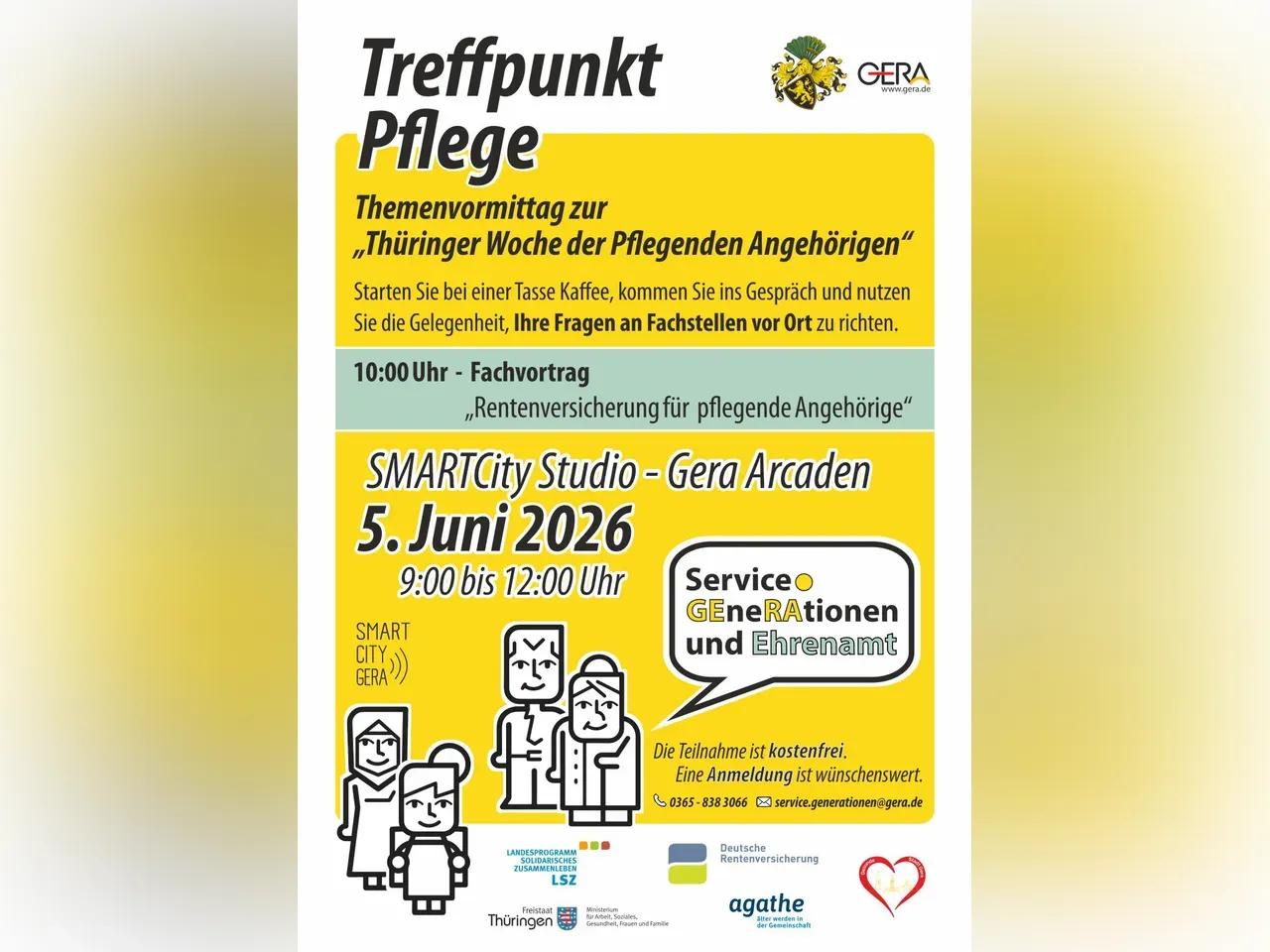 Veranstaltungsplakat für "Treffpunkt Pflege". Eine Veranstaltung zur Thüringer Woche der pflegenden Angehörigen 2026